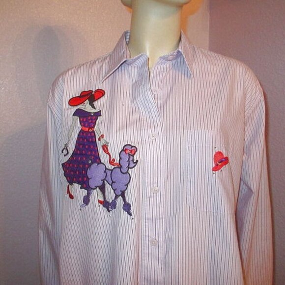 90s Vtg Las Olas Embroidered Poodle Top Size M Red Hat Society Purple Button Up - Picture 2 of 12